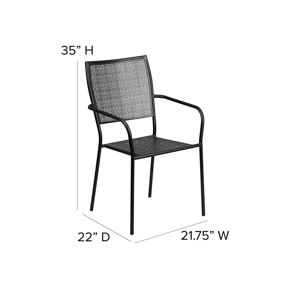 Commercial Grade Black Indoor-Outdoor Steel Patio Arm Chair with Square Back