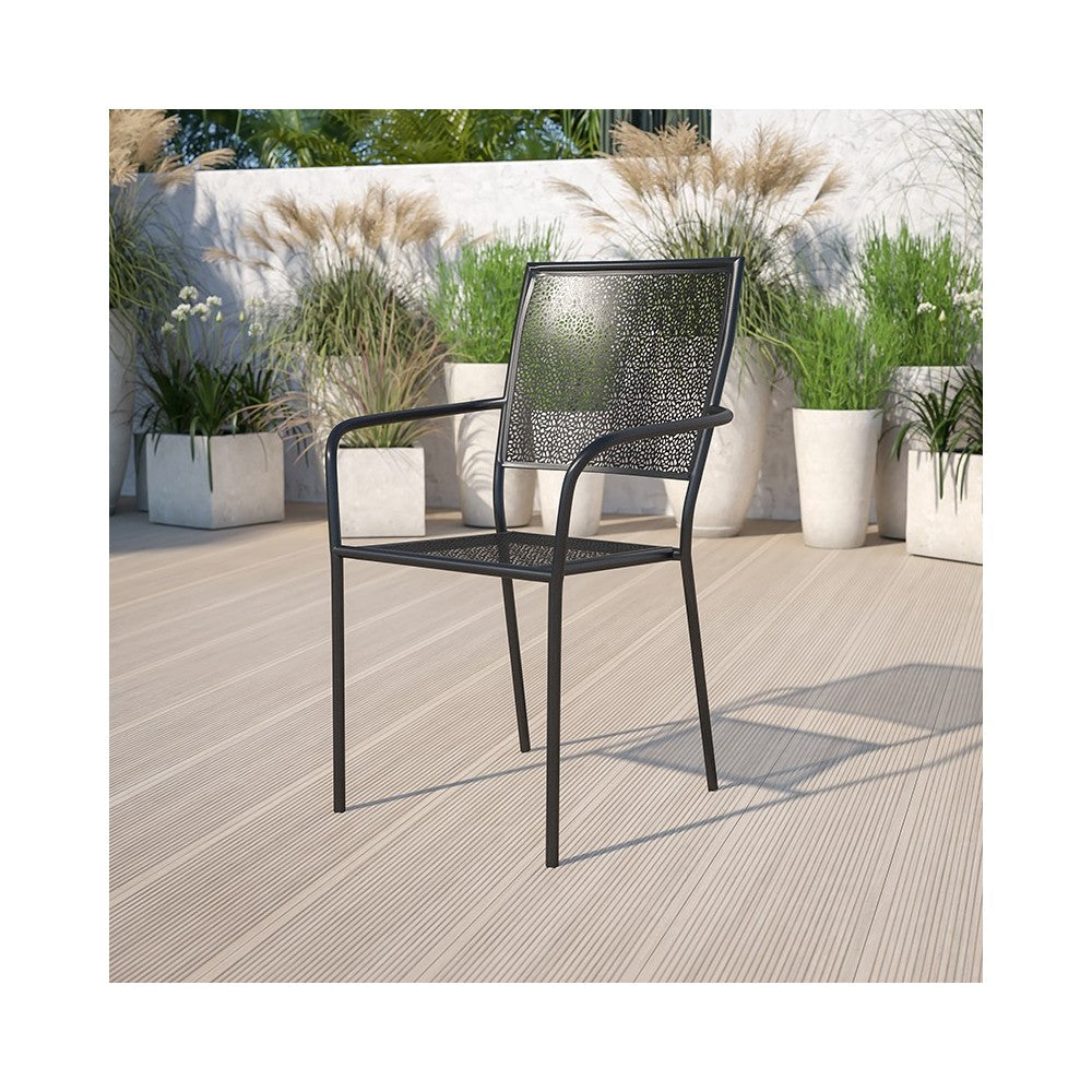 Commercial Grade Black Indoor-Outdoor Steel Patio Arm Chair with Square Back