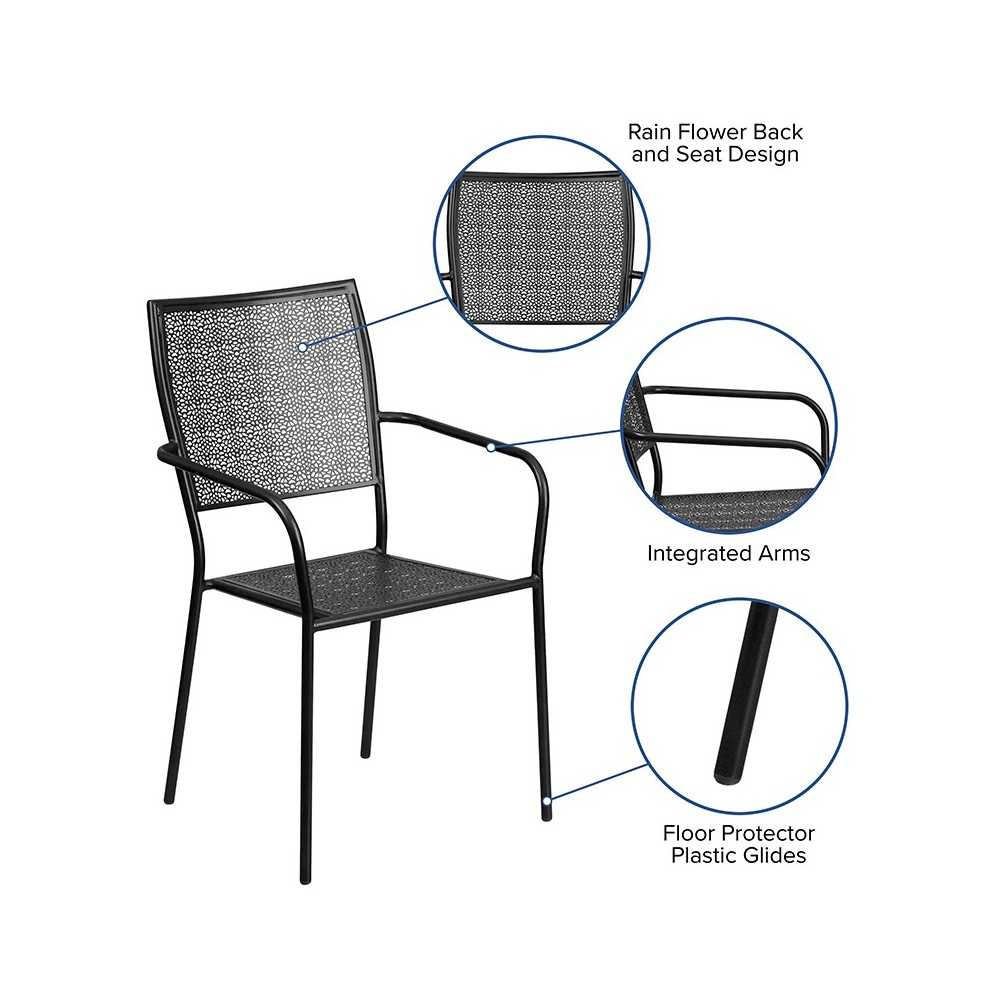 Commercial Grade Black Indoor-Outdoor Steel Patio Arm Chair with Square Back