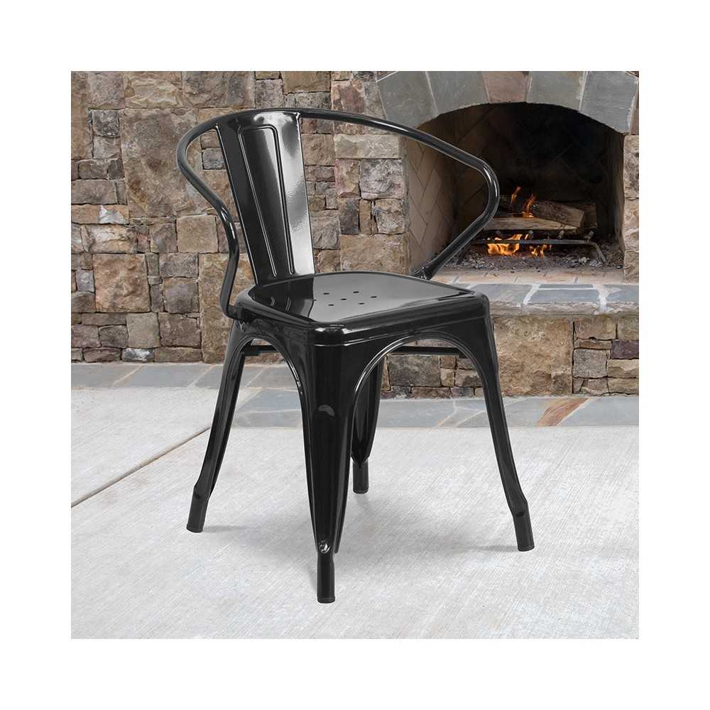 Commercial Grade Black Metal Indoor-Outdoor Chair with Arms