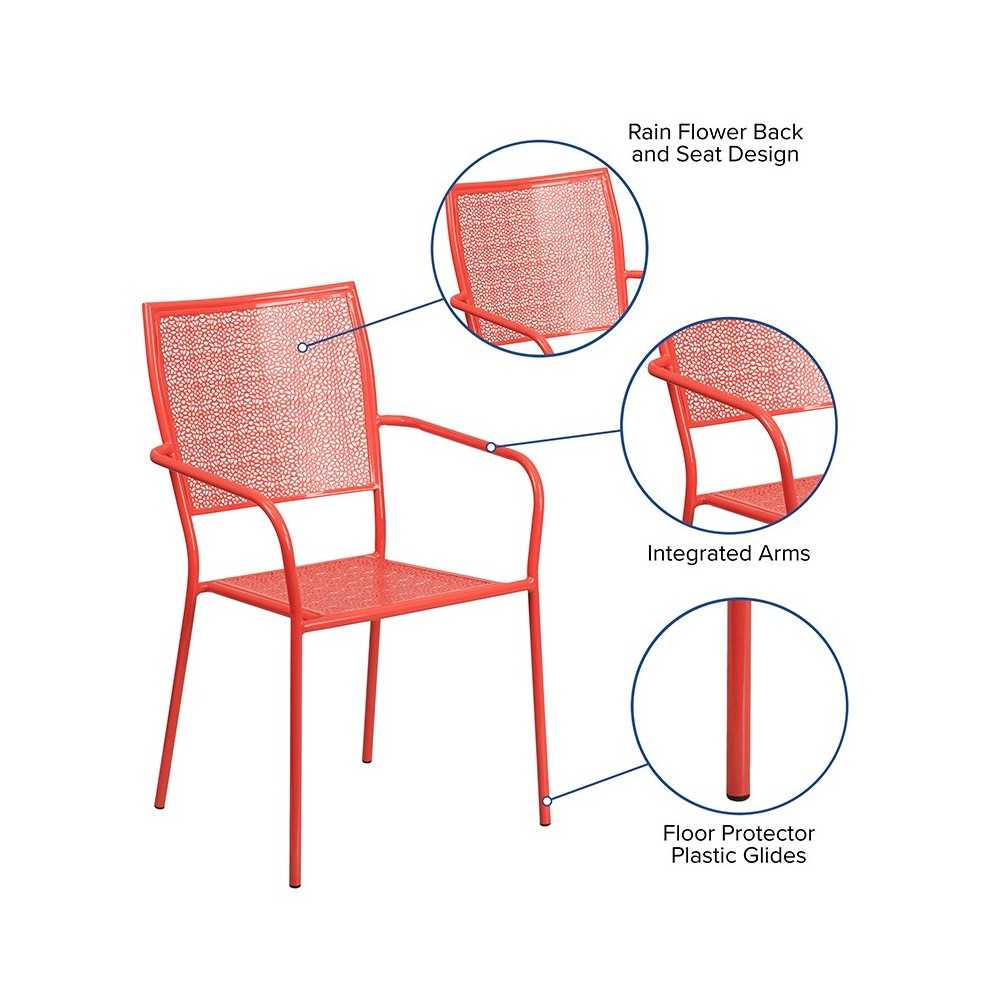 Commercial Grade Coral Indoor-Outdoor Steel Patio Arm Chair with Square Back