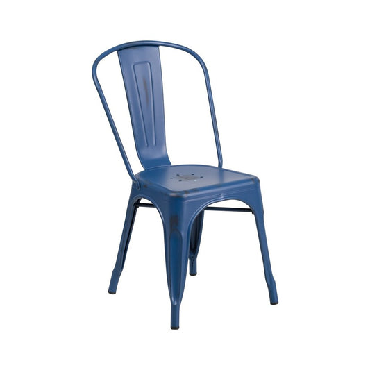 Commercial Grade Distressed Antique Blue Metal Indoor-Outdoor Stackable Chair