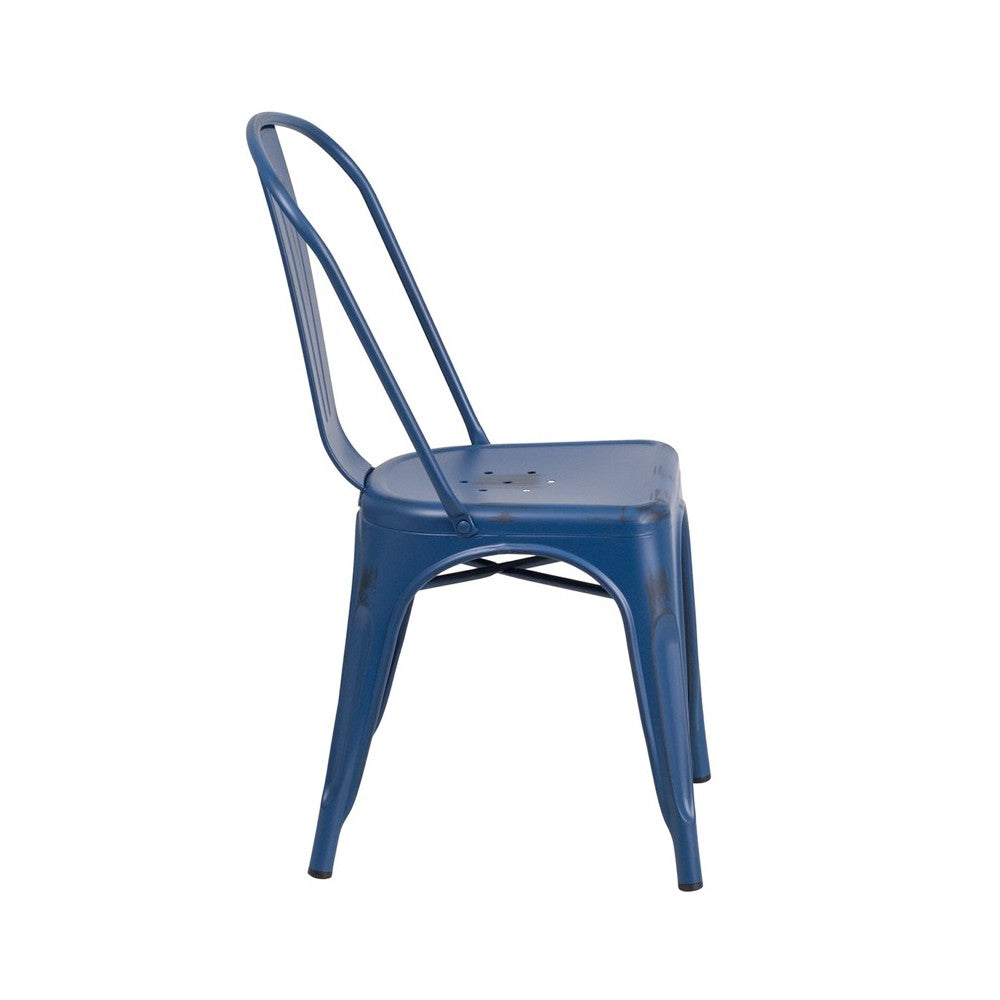 Commercial Grade Distressed Antique Blue Metal Indoor-Outdoor Stackable Chair