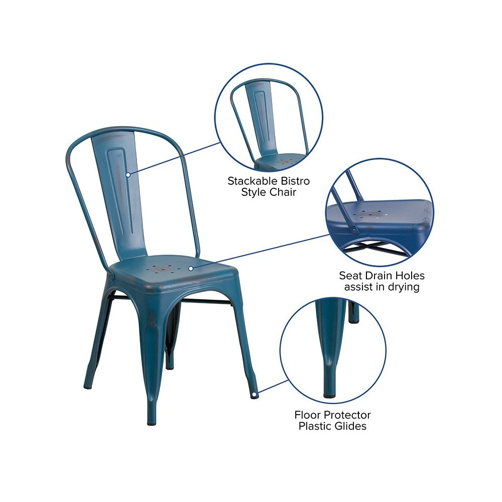 Commercial Grade Distressed Antique Blue Metal Indoor-Outdoor Stackable Chair