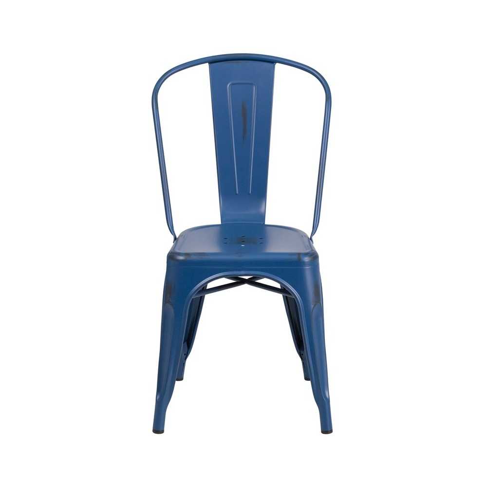 Commercial Grade Distressed Antique Blue Metal Indoor-Outdoor Stackable Chair