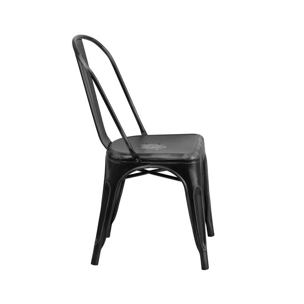 Commercial Grade Distressed Black Metal Indoor-Outdoor Stackable Chair