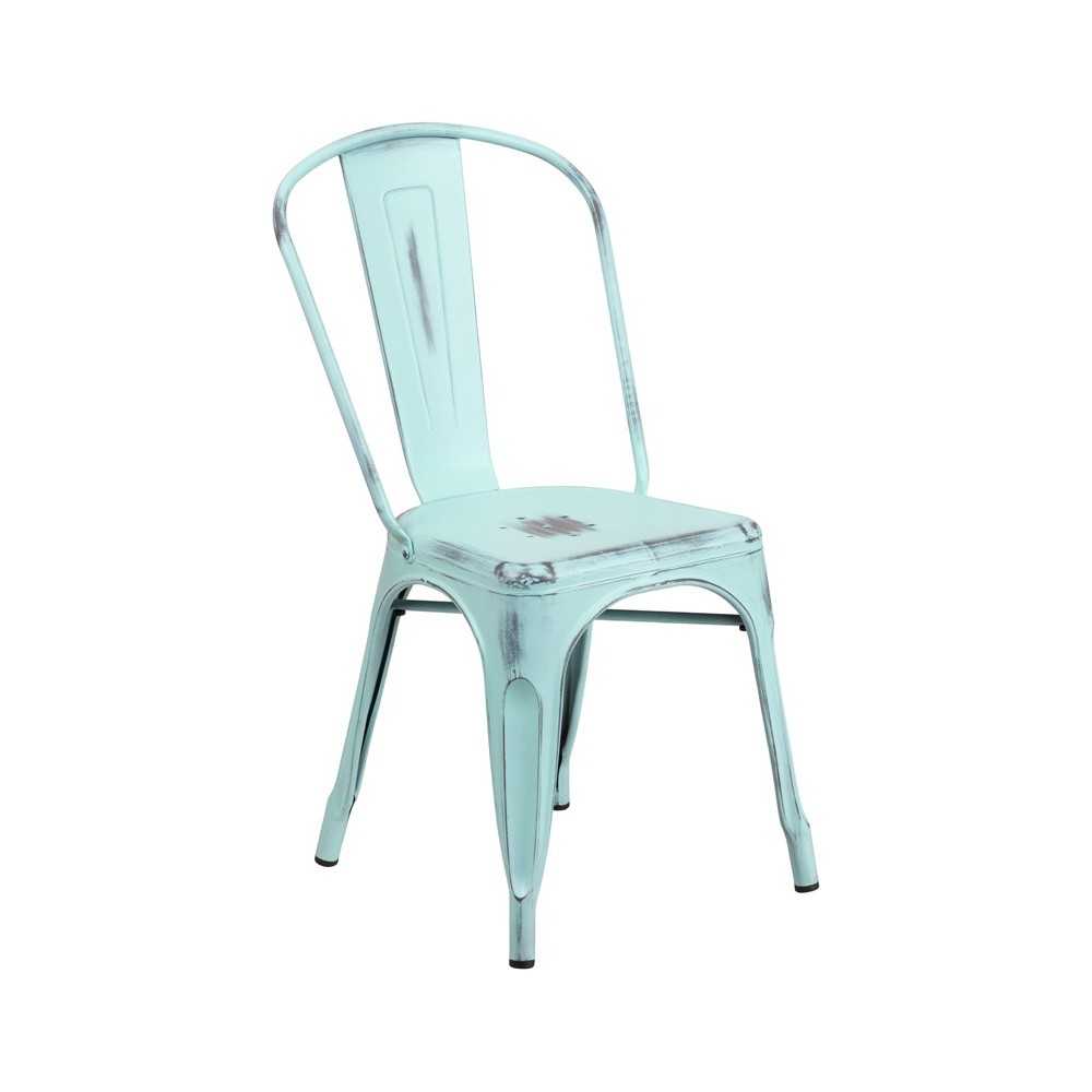 Commercial Grade Distressed Green-Blue Metal Indoor-Outdoor Stackable Chair