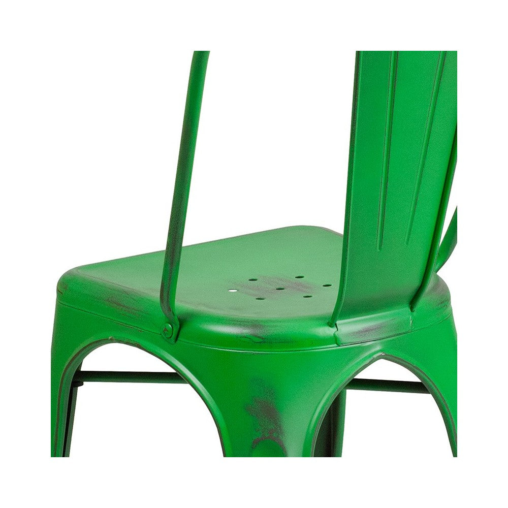 Commercial Grade Distressed Green Metal Indoor-Outdoor Stackable Chair