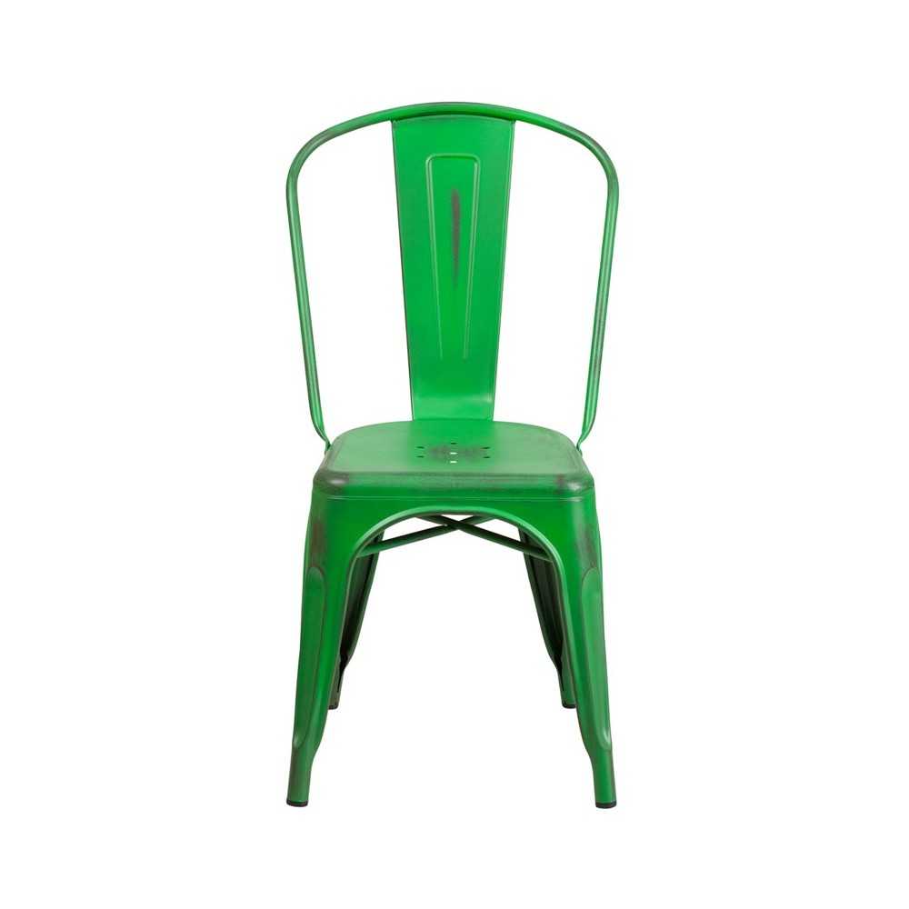 Commercial Grade Distressed Green Metal Indoor-Outdoor Stackable Chair