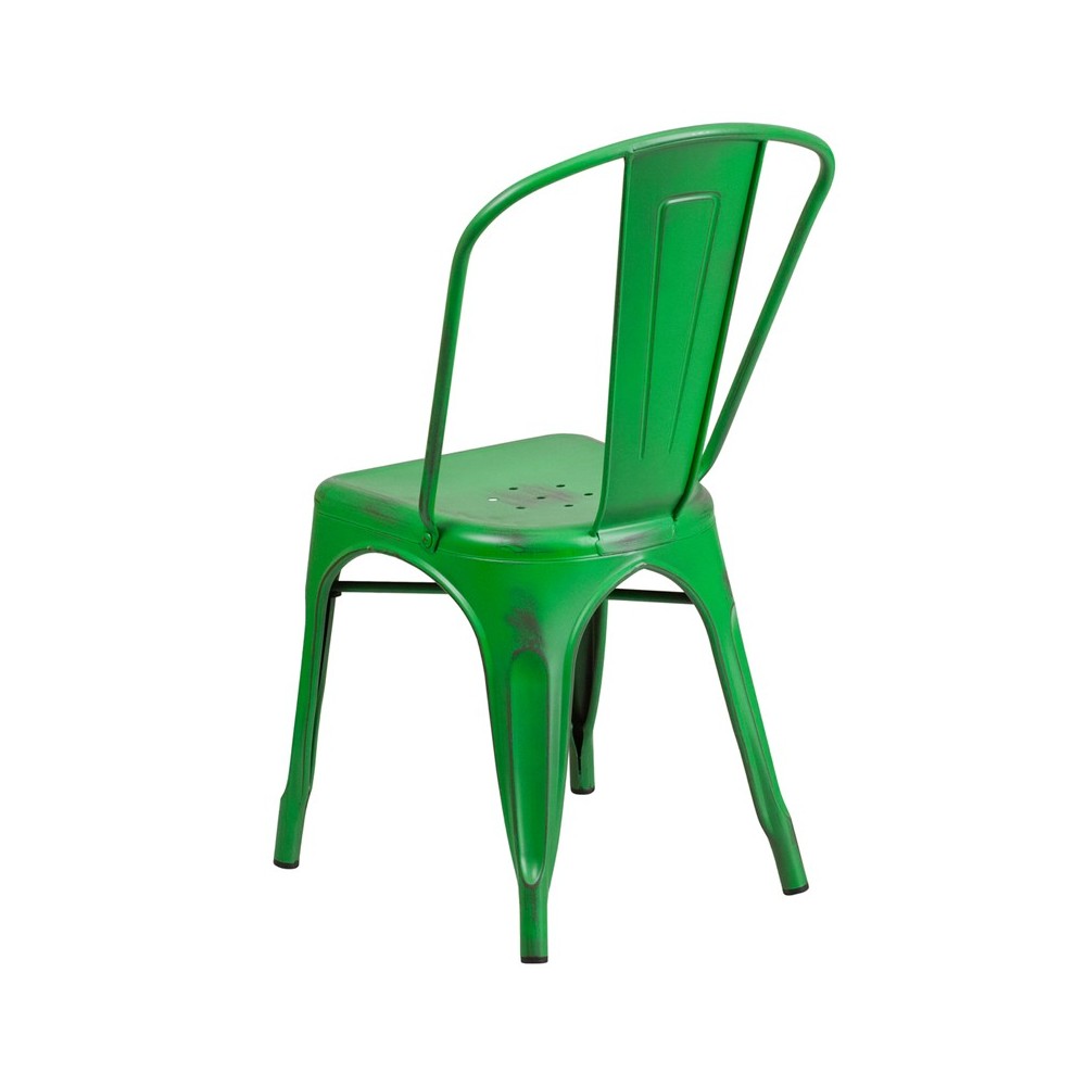 Commercial Grade Distressed Green Metal Indoor-Outdoor Stackable Chair