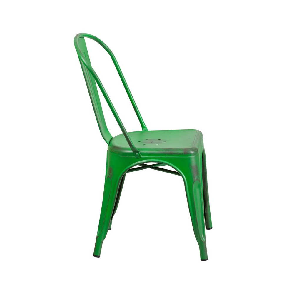 Commercial Grade Distressed Green Metal Indoor-Outdoor Stackable Chair