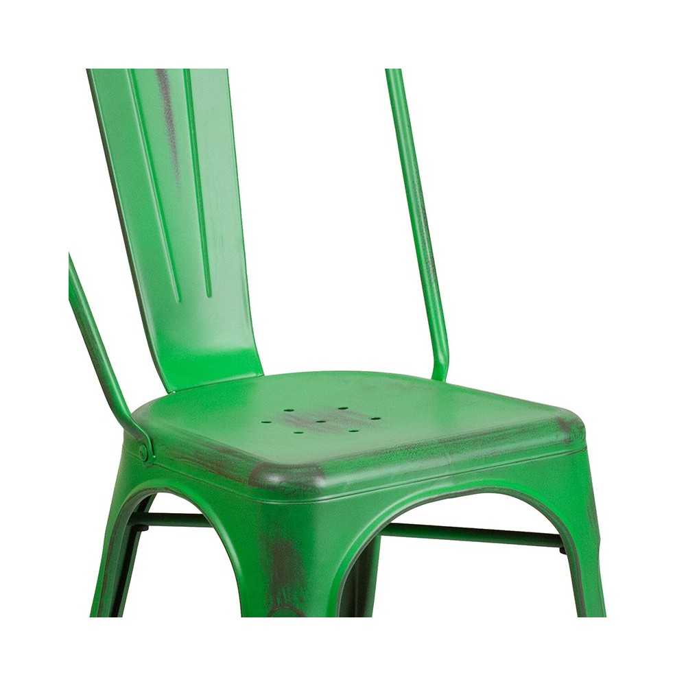 Commercial Grade Distressed Green Metal Indoor-Outdoor Stackable Chair