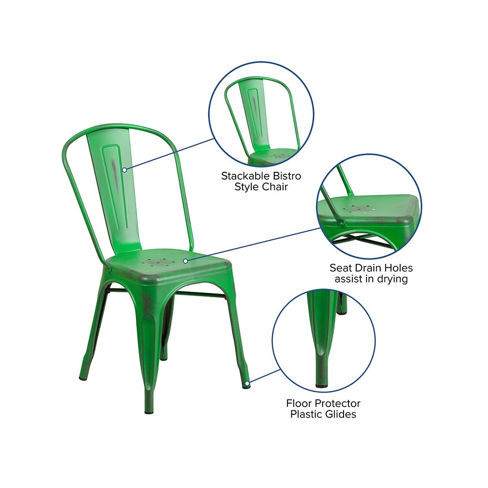 Commercial Grade Distressed Green Metal Indoor-Outdoor Stackable Chair