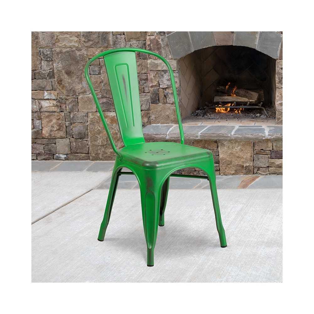 Commercial Grade Distressed Green Metal Indoor-Outdoor Stackable Chair