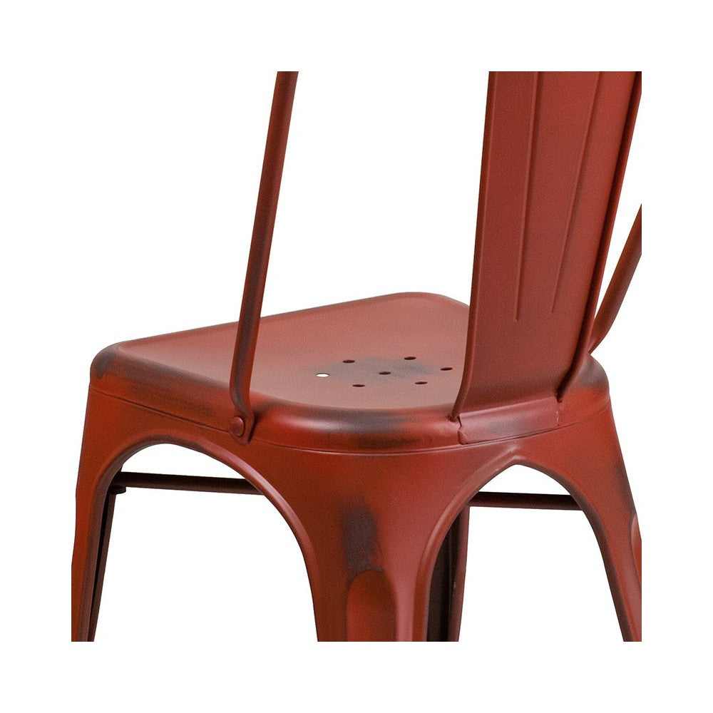 Commercial Grade Distressed Kelly Red Metal Indoor-Outdoor Stackable Chair