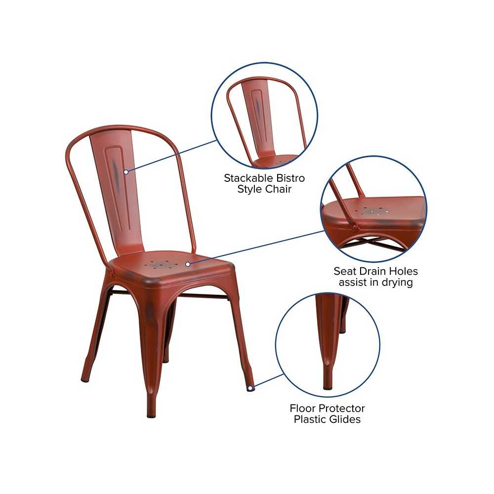 Commercial Grade Distressed Kelly Red Metal Indoor-Outdoor Stackable Chair