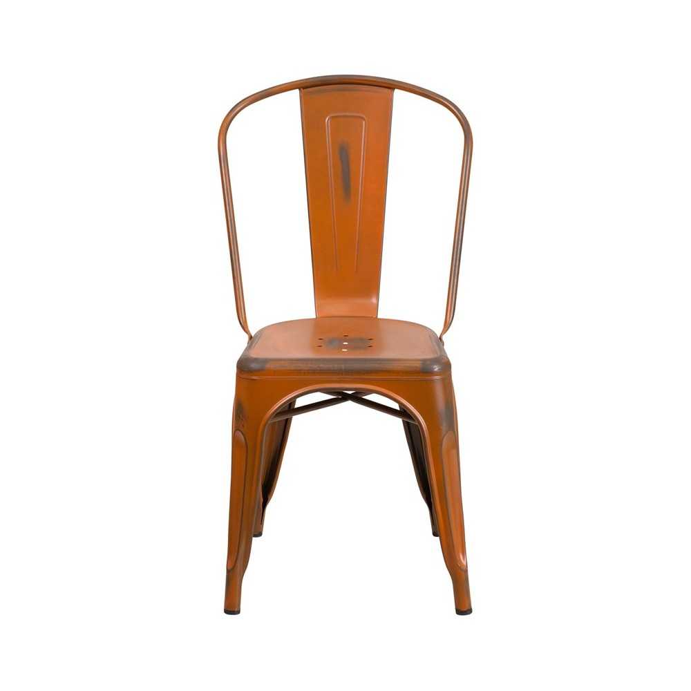 Commercial Grade Distressed Orange Metal Indoor-Outdoor Stackable Chair