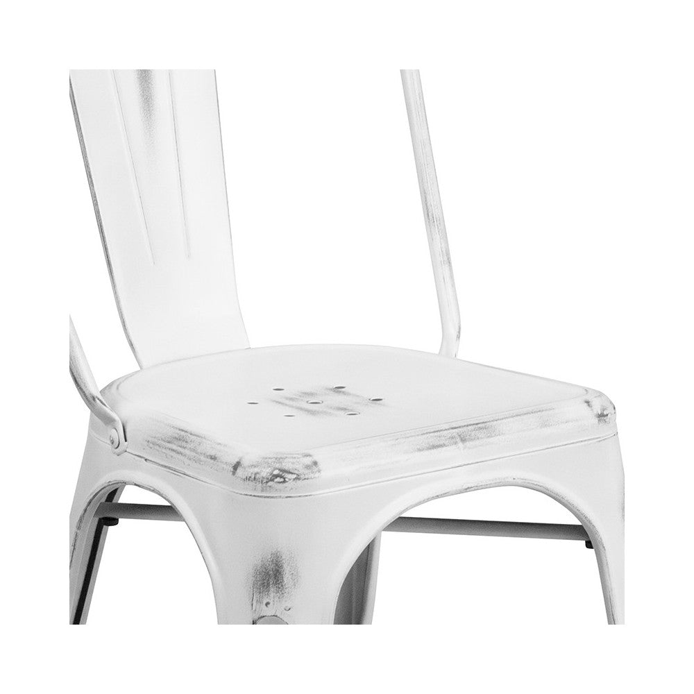 Commercial Grade Distressed White Metal Indoor-Outdoor Stackable Chair