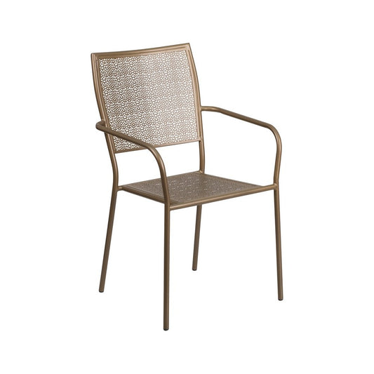 Commercial Grade Gold Indoor-Outdoor Steel Patio Arm Chair with Square Back