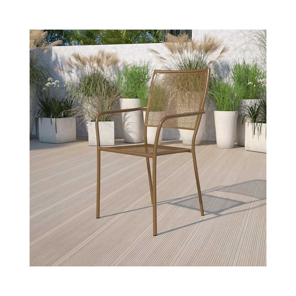 Commercial Grade Gold Indoor-Outdoor Steel Patio Arm Chair with Square Back