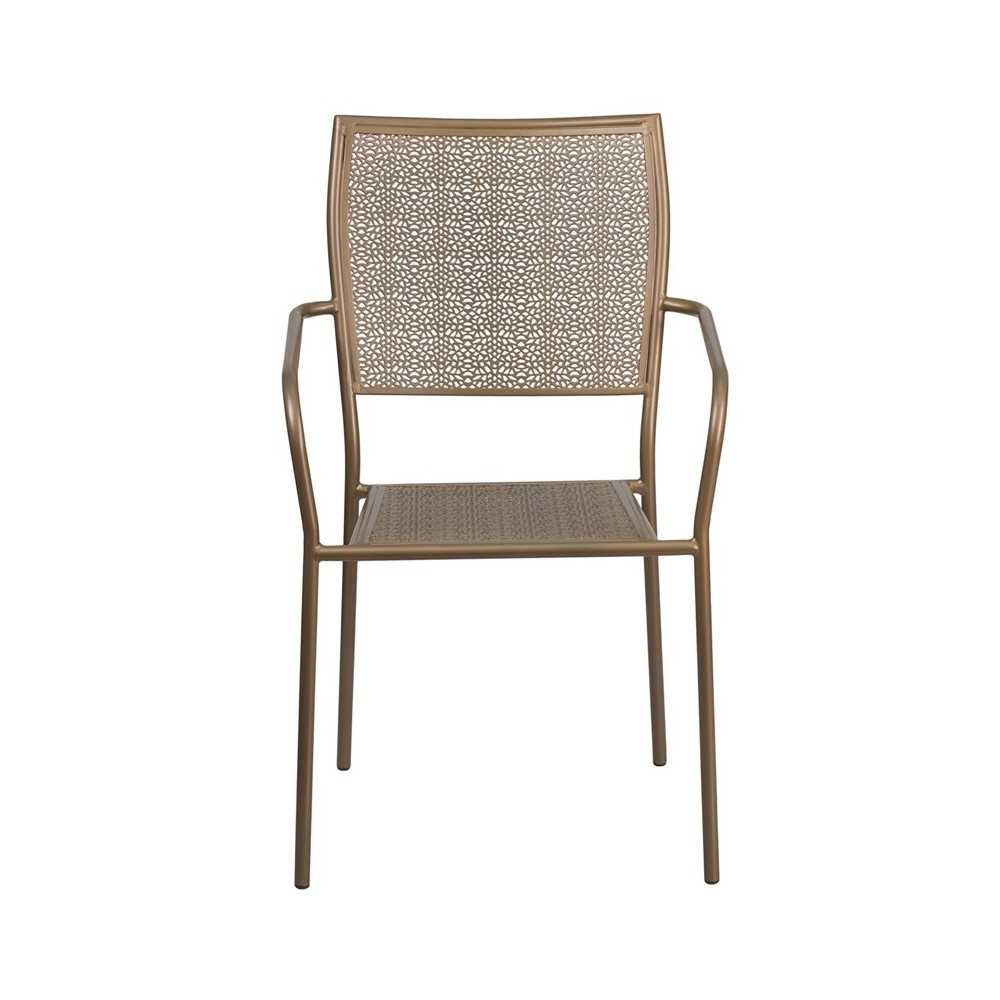 Commercial Grade Gold Indoor-Outdoor Steel Patio Arm Chair with Square Back