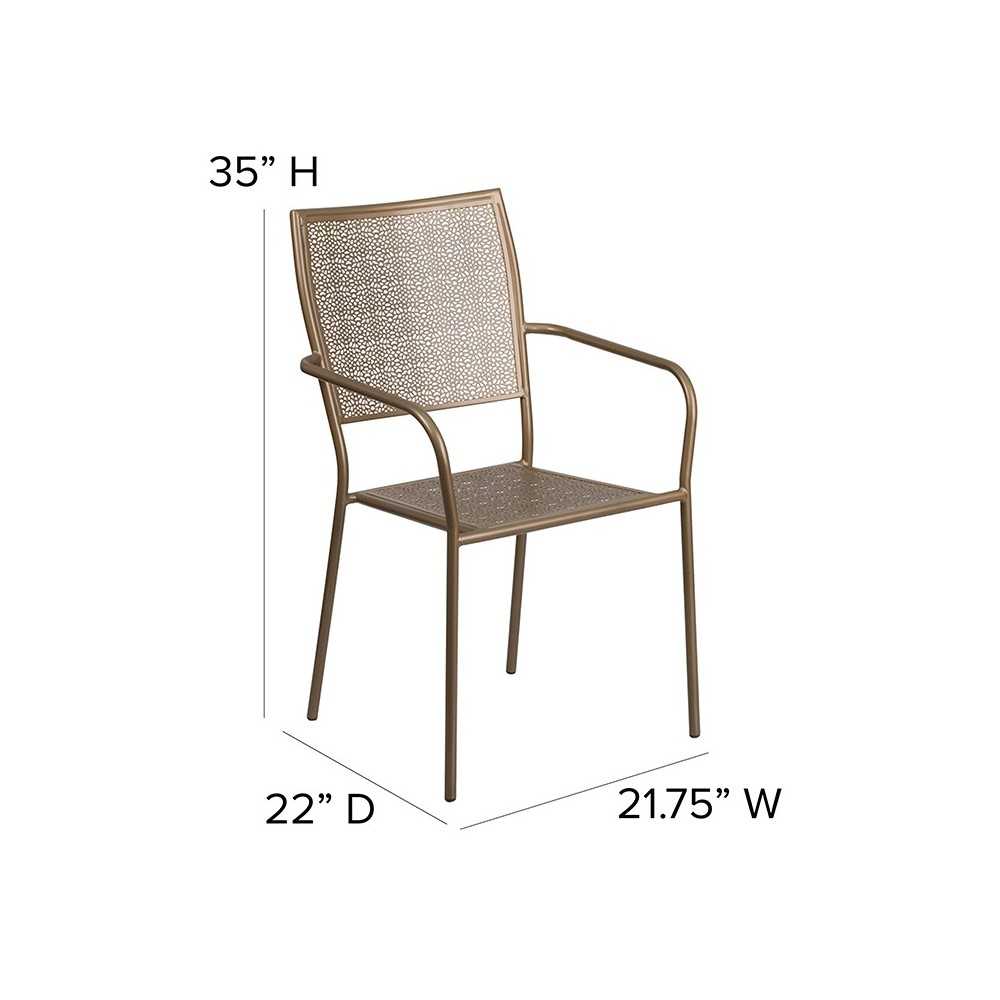Commercial Grade Gold Indoor-Outdoor Steel Patio Arm Chair with Square Back