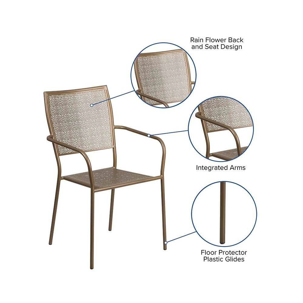 Commercial Grade Gold Indoor-Outdoor Steel Patio Arm Chair with Square Back