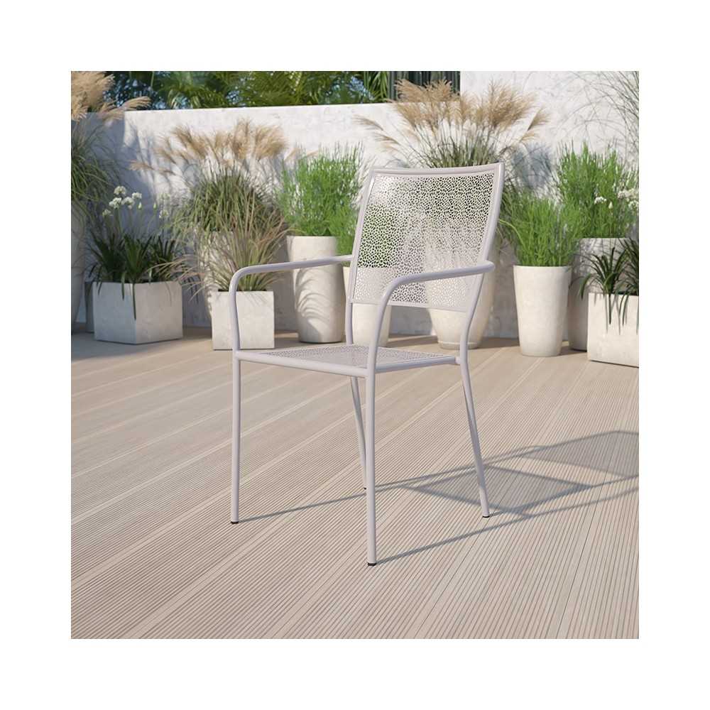 Commercial Grade Light Gray Indoor-Outdoor Steel Patio Arm Chair with Square Back