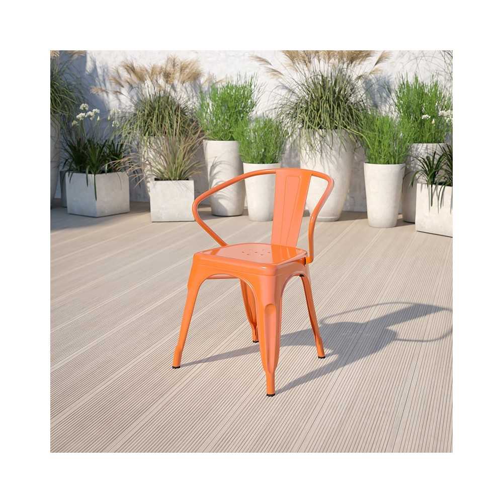 Commercial Grade Orange Metal Indoor-Outdoor Chair with Arms