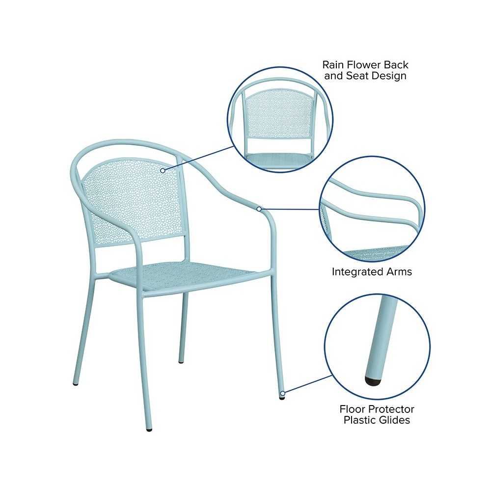 Commercial Grade Sky Blue Indoor-Outdoor Steel Patio Arm Chair with Round Back