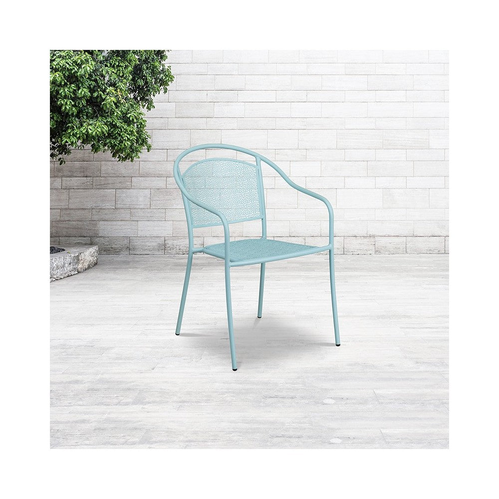 Commercial Grade Sky Blue Indoor-Outdoor Steel Patio Arm Chair with Round Back