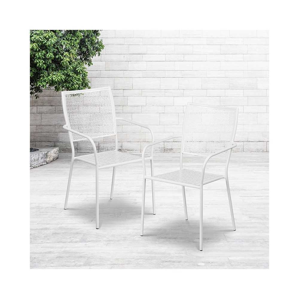 Commercial Grade White Indoor-Outdoor Steel Patio Arm Chair with Square Back