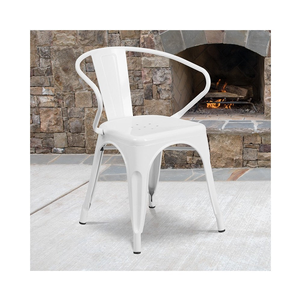 Commercial Grade White Metal Indoor-Outdoor Chair with Arms