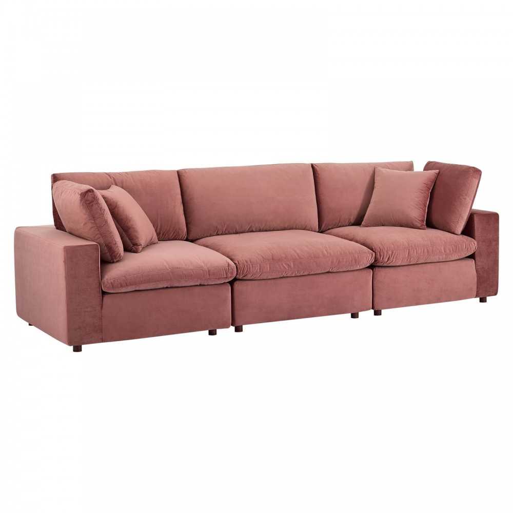 Commix Down Filled Overstuffed Performance Velvet 3-Seater Sofa, Dusty Rose