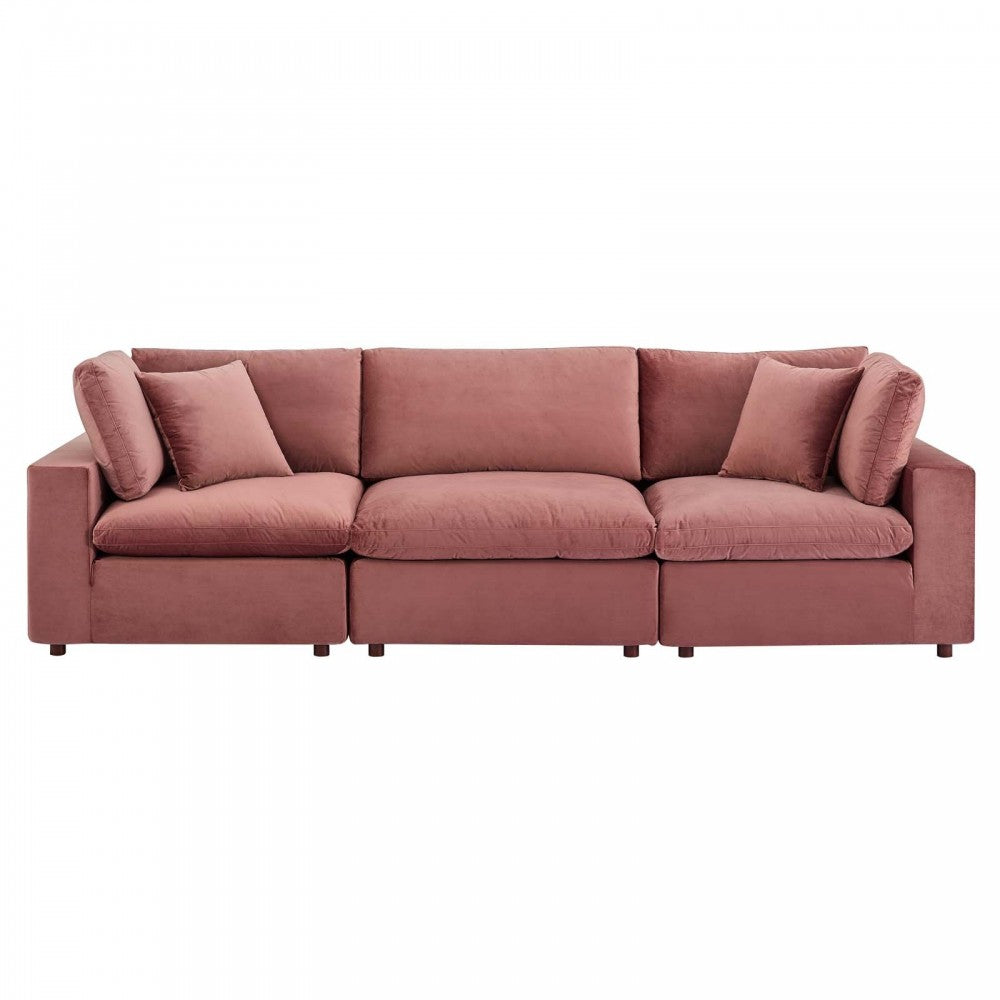 Commix Down Filled Overstuffed Performance Velvet 3-Seater Sofa, Dusty Rose