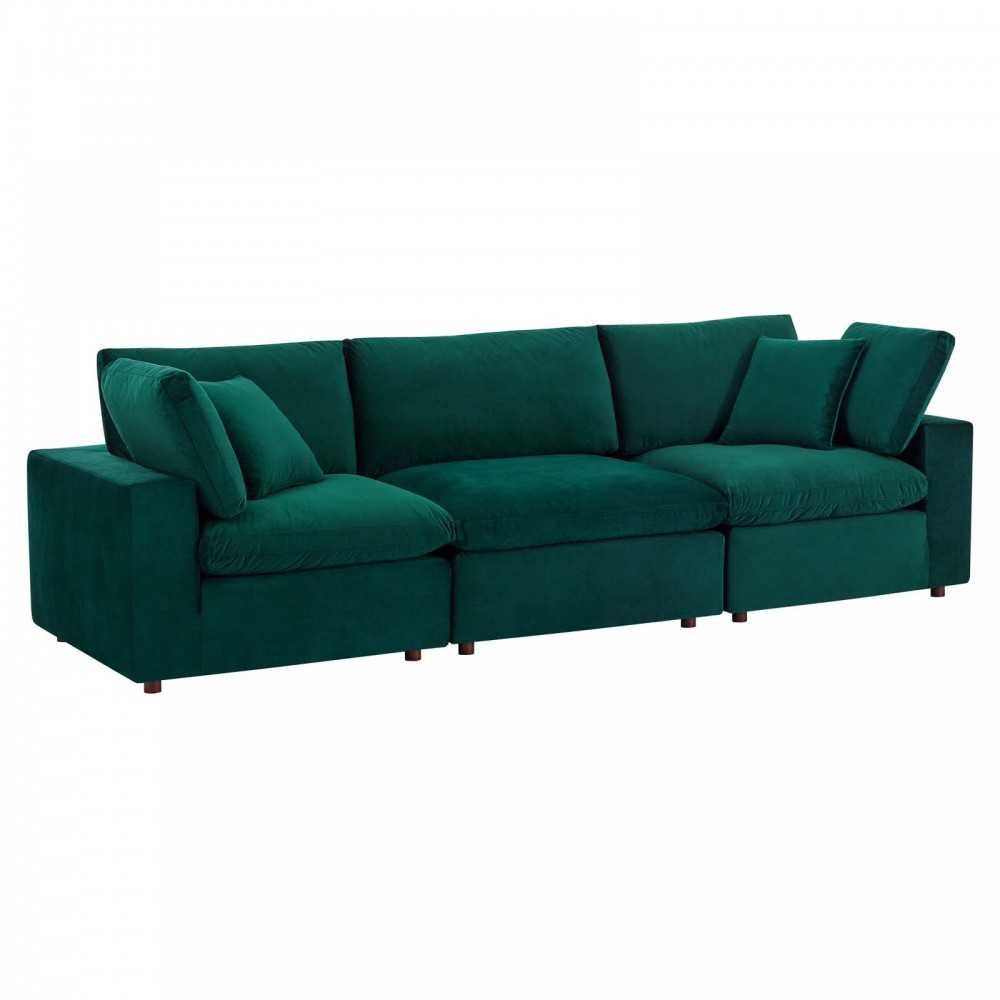 Commix Down Filled Overstuffed Performance Velvet 3-Seater Sofa, Green