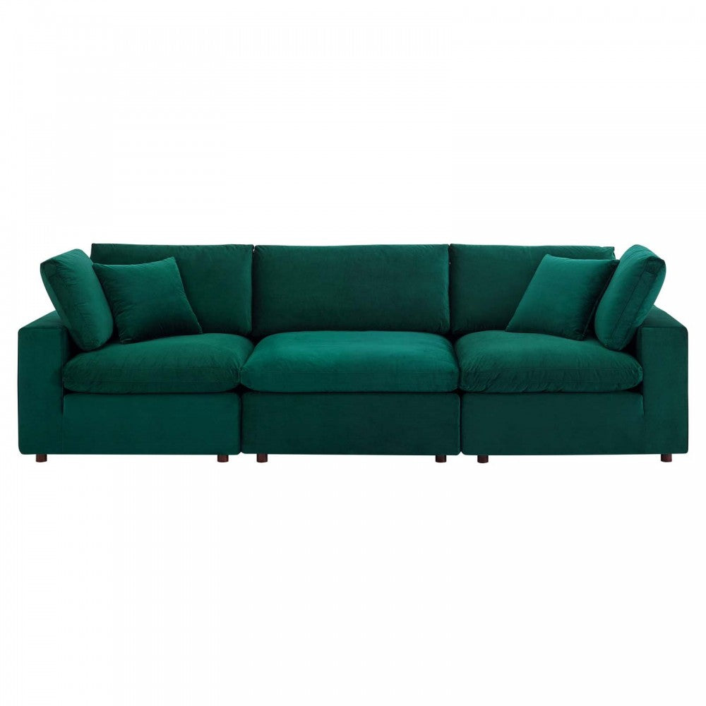 Commix Down Filled Overstuffed Performance Velvet 3-Seater Sofa, Green