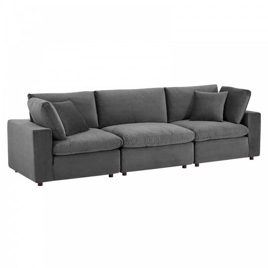 Commix Down Filled Overstuffed Performance Velvet 3-Seater Sofa, Gray