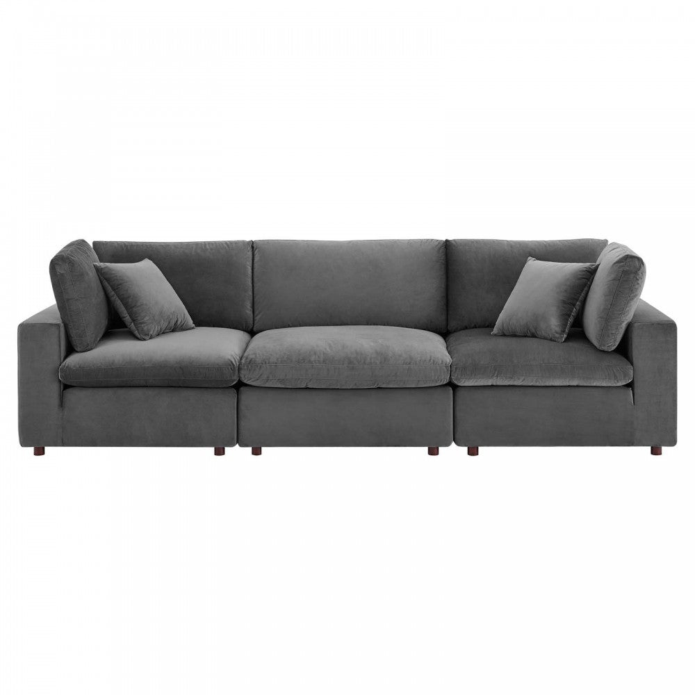 Commix Down Filled Overstuffed Performance Velvet 3-Seater Sofa, Gray