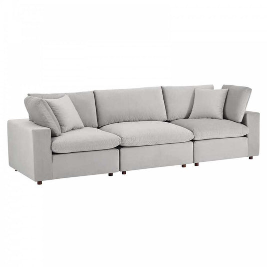 Commix Down Filled Overstuffed Performance Velvet 3-Seater Sofa, Light Gray