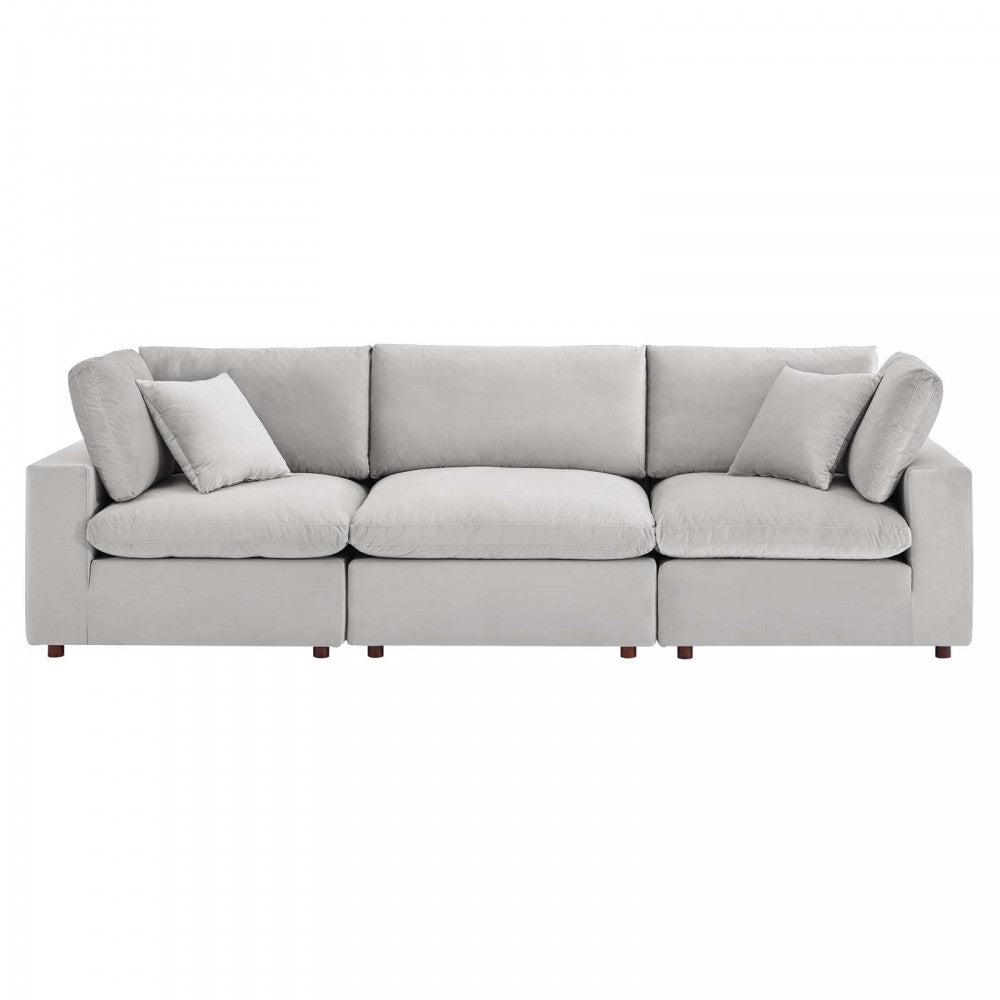 Commix Down Filled Overstuffed Performance Velvet 3-Seater Sofa, Light Gray