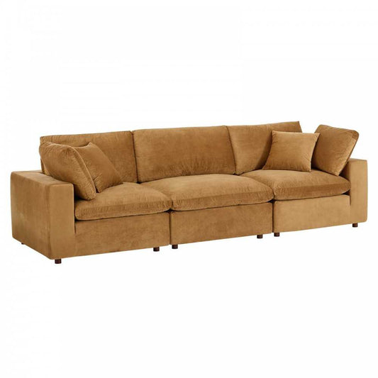 Commix Down Filled Overstuffed Performance Velvet 3-Seater Sofa, Cognac