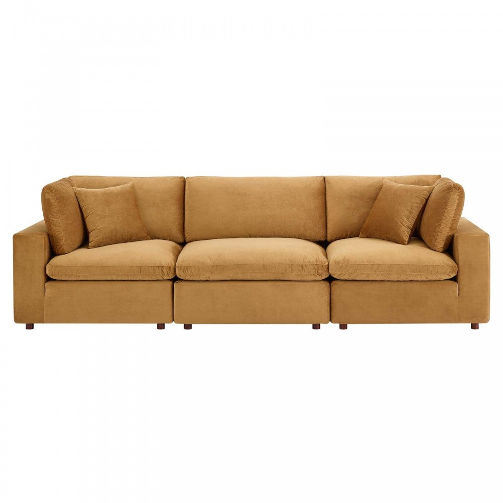 Commix Down Filled Overstuffed Performance Velvet 3-Seater Sofa, Cognac