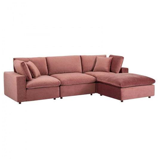 Commix Down Filled Overstuffed Performance Velvet 4-Piece Sectional Sofa, Dusty Rose