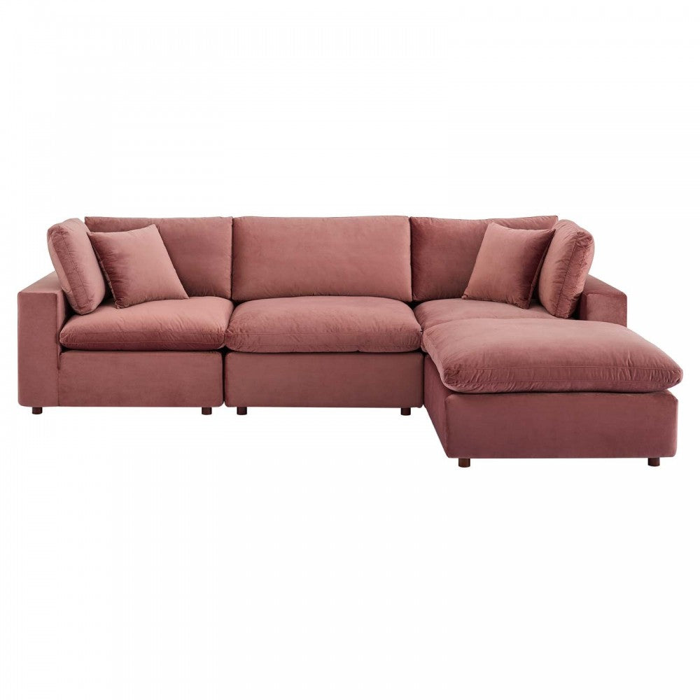 Commix Down Filled Overstuffed Performance Velvet 4-Piece Sectional Sofa, Dusty Rose