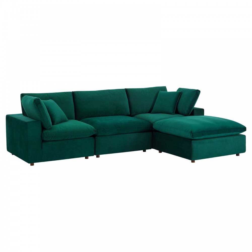 Commix Down Filled Overstuffed Performance Velvet 4-Piece Sectional Sofa, Green