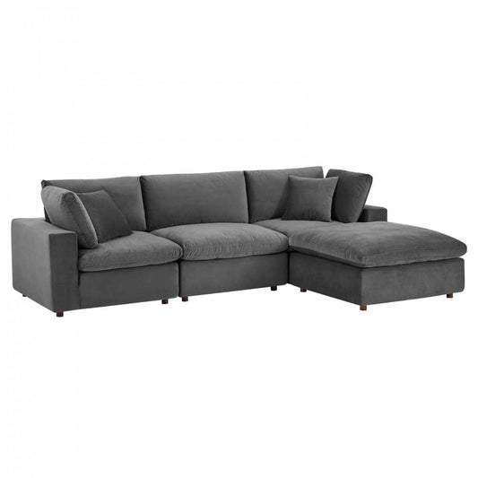 Commix Down Filled Overstuffed Performance Velvet 4-Piece Sectional Sofa, Gray