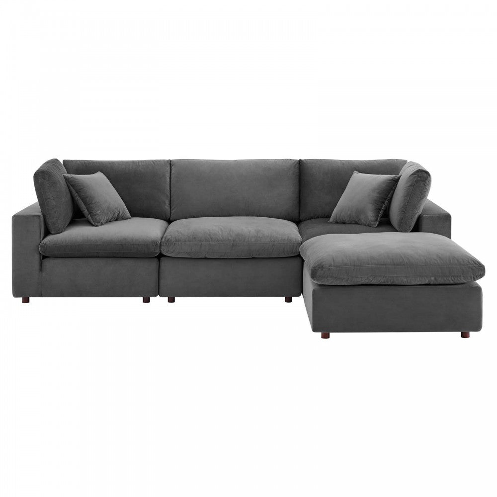 Commix Down Filled Overstuffed Performance Velvet 4-Piece Sectional Sofa, Gray