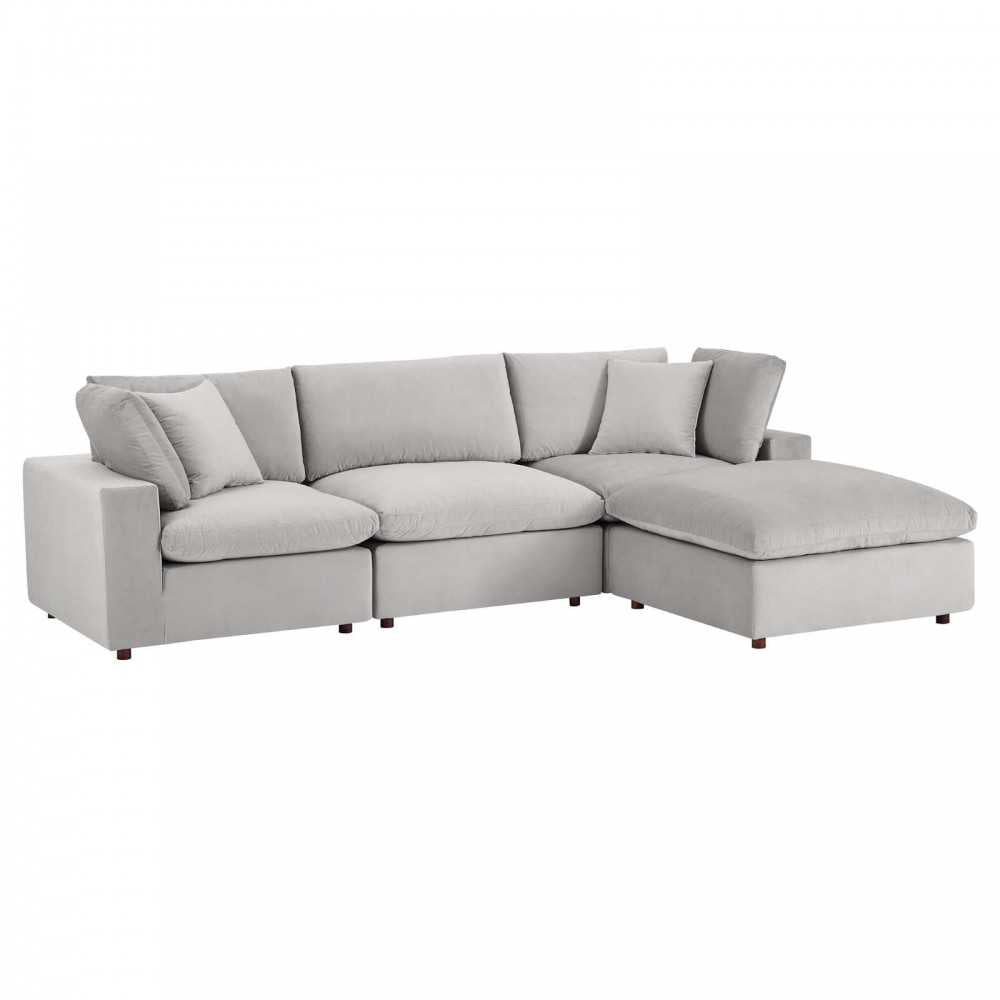 Commix Down Filled Overstuffed Performance Velvet 4-Piece Sectional Sofa, Light Gray