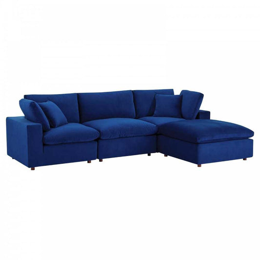 Commix Down Filled Overstuffed Performance Velvet 4-Piece Sectional Sofa, Navy